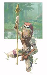 1boy absurdres arm_tattoo belt blonde_hair blue_eyes forest gensou_getsumen_rt highres holding holding_polearm holding_weapon leg_tattoo legs_apart link long_hair male_focus nature navel nintendo polearm shorts spear squatting tattoo the_legend_of_zelda weapon