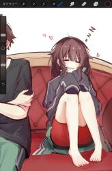 1boy 1girl art_program_in_frame barefoot black_jacket black_shirt blush borrowed_clothes brown_hair closed_eyes commentary couch couple crossed_arms double_vertical_stripe dress drooling feet_on_chair green_jacket green_pants hands_on_own_knees happy head_out_of_frame heart highres iiga_(iftnpofjf034035) jacket knees_up kono_subarashii_sekai_ni_shukufuku_wo! loose_hair_strand loving_aura megumin messy_hair multicolored_jacket on_couch oversized_clothes own_hands_together pants pigeon-toed red_dress satou_kazuma shirt short_hair short_hair_with_long_locks short_sleeves sidelocks single_vertical_stripe sitting sleeping sleeves_past_fingers sleeves_past_wrists solo_focus t-shirt toes track_jacket track_pants translated two-tone_jacket unfinished very_long_sleeves w_arms white_background zzz