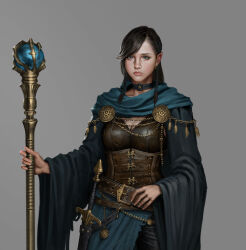 Rule 34 | 1girl, absurdres, armor, black hair, blue cape, blue eyes, breasts, brown hair, cape, cleavage, concept art, fantasy, grey background, highres, large breasts, leather armor, mage staff, magician, original, sword, weapon, wooywooy