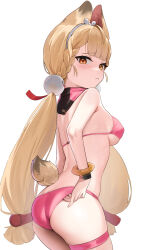 1girl :&lt; absurdres adjusting_clothes alice_thymefield alternate_costume animal_ears ass bikini blonde_hair blush bracelet breasts commentary cowboy_shot from_side heterochromia highres jewelry long_hair medium_breasts pink_bikini rabbit_ears rabbit_tail red_eyes sideways_glance simple_background skai_kun solo sphere_hair_ornament swimsuit tail thigh_strap white_background yellow_eyes zenless_zone_zero