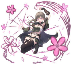 1girl :d arm_up awakening_(sennen_sensou_aigis) black_thighhighs breasts brown_hair cleavage company_name detached_collar detached_sleeves fingerless_gloves flower full_body gloves highres jujuka_(sennen_sensou_aigis) navel official_art open_mouth purple_eyes sennen_sensou_aigis short_shorts shorts small_breasts smile thighhighs tsuchikure twintails white_background