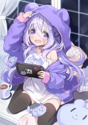 Rule 34 | 1girl, amamiya shizuku (hizuki yayoi), animal, animal ears, animal hood, arm up, black thighhighs, blush, bow, breasts, chinchilla (animal), clothes writing, comiket 106, commentary request, cup, fake animal ears, hair between eyes, hair bow, handheld game console, highres, hizuki yayoi, holding, hood, hood up, hooded jacket, jacket, long hair, long sleeves, looking at viewer, medium breasts, mug, night, night sky, no shoes, off shoulder, open mouth, original, pillow, puffy long sleeves, puffy sleeves, purple bow, purple eyes, purple hair, shirt, sitting, sky, sleeves past wrists, solo, tears, thighhighs, very long hair, wariza, white shirt, window
