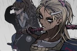 2girls bag black-framed_eyewear blue_nails brown_eyes brown_hair closed_mouth dark-skinned_female dark_skin earrings fingernails ganguro glasses gyaru hair_ornament hairclip highres holding holding_sword holding_weapon jewelry katana long_fingernails long_hair long_sleeves looking_back ma0ma0_0 makeup mole mole_under_eye multiple_girls nogi_momoka original rain runny_makeup saotome_anna simple_background star_(symbol) star_earrings sword thick_eyelashes weapon white_background