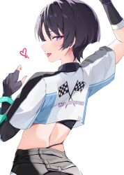 Rule 34 | 1boy, alternate costume, arm up, back, belt, belt buckle, black belt, black gloves, black hair, black shorts, blunt ends, buckle, character name, checkered flag, chobonu, crop top, cropped shirt, eyelashes, eyeliner, eyeshadow, fingerless gloves, flag, from behind, genshin impact, gloves, grey pupils, half-closed eyes, hand up, highres, looking at viewer, looking back, makeup, male focus, open mouth, purple eyes, race flag, racing suit, red eyeliner, red eyeshadow, scaramouche (genshin impact), short shorts, short sleeves, shorts, solo, tongue, tongue out, wanderer (genshin impact), white background, white sleeves