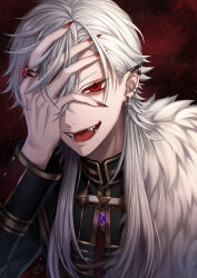 1boy :d aiguillette black_jacket cape cross cross_earrings ear_piercing earclip earrings fingernails fur_cape gem hair_over_one_eye hand_on_own_forehead hand_up highres jacket jewelry kuzuha_(2nd_costume)_(nijisanji) kuzuha_(nijisanji) latin_cross long_fingernails long_hair long_sleeves male_focus nijisanji one_eye_covered open_mouth piercing pointy_ears purple_gemstone red_background red_eyes red_nails saijou_yurika sharp_fingernails sharp_teeth side_cape smile solo swept_bangs teeth upper_body virtual_youtuber white_hair