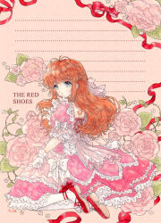 Rule 34 | 1girl, 2020s, 2024, blue eyes, dress, english text, female focus, flower, hisakata (hisa nn), kneeling, long hair, looking at viewer, orange hair, pink dress, pink flower, pink rose, red ribbon, red shoes, ribbon, rose, shoes, white flower