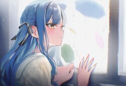 1girl absurdres bang_dream! bang_dream!_it&#039;s_mygo!!!!! blue_hair blue_umbrella blush fingernails green_umbrella hair_ribbon hand_on_window highres long_hair long_sidelocks looking_ahead maru_ccy parted_lips pink_umbrella profile purple_umbrella ribbon sidelocks solo togawa_sakiko umbrella water_drop wet wet_clothes window yellow_eyes yellow_umbrella