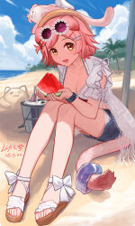 1girl absurdres animal animal_ears animal_on_head arknights beach bikini cat cat_ears cat_girl cat_tail cloud cloudy_sky commentary_request eyewear_on_head floppy_ears food food-themed_hair_ornament fruit goldenglow_(arknights) goldenglow_(summer_flowers)_(arknights) hair_ornament hat highres holding holding_food holding_fruit holding_watermelon infection_monitor_(arknights) looking_at_viewer official_alternate_costume on_head outdoors pink_hair sandals shorts sky solo sunglasses swimsuit tail tail_ornament tail_ring tinted_eyewear water watermelon watermelon_hair_ornament watermelon_slice yellow_eyes yitai_zhi_meng