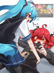 1boy 1girl absurdres black_cape black_eyes black_jacket black_pants black_pantyhose blue_hair blue_skirt blush cape drill_hair genderswap genderswap_(ftm) girl_on_top hair_between_eyes hatsune_miku highres holding_ruler jacket karasu2020_8 kasane_teto kneeling long_hair long_sleeves looking_at_another lying on_back open_mouth pants pantyhose red_eyes red_hair school_uniform serafuku sharp_teeth shirt short_sleeves skirt sweat teeth tongue tongue_out twin_drills twintails upper_teeth_only utau vocaloid white_shirt