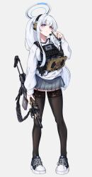1girl absurdres alternate_costume alternate_hairstyle assault_rifle black_thighhighs blue_archive blue_shoes bulletproof_vest closed_mouth clov3r daewoo_k1 earpiece feet_out_of_frame grey_skirt gun halo highres holding holding_weapon long_hair looking_at_viewer millennium_science_school_logo miniskirt noa_(blue_archive) pleated_skirt ponytail purple_eyes rifle shirt shoes simple_background skirt smile solo standing thighhighs very_long_hair weapon weapon_request white_background white_hair white_halo white_shirt