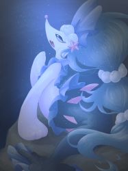 1girl animal_hands animal_nose arched_back artist_name blue_background blue_eyes blue_hair blue_theme colored_eyelashes colored_skin fang female_focus full_body furry furry_female gen_7_pokemon hand_up highres lemonade_kokoi light_particles long_hair looking_up mermaid monster_girl multi-tied_hair nintendo open_mouth pearl_hair_ornament pokemon pokemon_(creature) primarina rock sidelocks signature simple_background skin_fang snout solo starfish_hair_ornament twitter_username very_long_hair white_skin