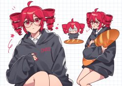 1girl :t absurdres alternate_costume baguette black_sweater blush bread closed_mouth coke-bottle_glasses collared_shirt drill_hair fingernails food food-themed_pillow glasses grimruu hair_between_eyes highres kasane_teto long_sleeves looking_at_viewer multiple_views pout red_eyes red_hair red_nails round_eyewear shirt shirt_under_sweater sitting sleeves_past_wrists smile sweater twin_drills utau white_background wing_collar