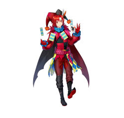 Rule 34 | 1boy, absurdres, black boots, black cape, boots, cape, card, commentary request, facial mark, fire emblem, fire emblem: mystery of the emblem, fire emblem heroes, floating card, full body, gloves, halloween costume, hat, highres, jester, jester cap, long sleeves, looking at viewer, male focus, neck ruff, nekomochi, nintendo, official alternate costume, official art, pants, parted bangs, patchwork clothes, playing card, puffy long sleeves, puffy sleeves, red gloves, red hair, red pants, red shirt, second-party source, shirt, shoe soles, short hair, simple background, smile, solo, standing, standing on one leg, two-tone headwear, two-tone shirt, white background, xane (fire emblem), xane (halloween) (fire emblem)