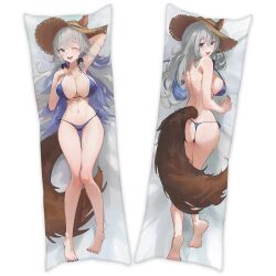 1girl 2024 animal_ears armpits barefoot belly bikini blue_bikini blue_hair breasts brown_tail butt_fangs dakimakura_(medium) furry hat indie_virtual_youtuber knees_together_feet_apart large_breasts multiple_pov noodlewolf_(vtuber) one_eye_closed pov sideboob solo sun_hat swimsuit tail thigh_gap turning white_hair wink wolf_ears wolf_girl wolf_tail yones.