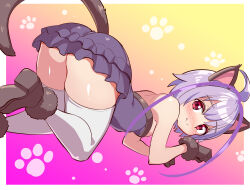 1girl animal_ears ass azure_striker_gunvolt azure_striker_gunvolt_1 black_dress blush cat_ears cat_tail cougar_(cougar1404) dress fake_animal_ears fake_tail gradient_background joule_(gunvolt) purple_background purple_eyes purple_hair solo tail thighhighs white_thighhighs yellow_background