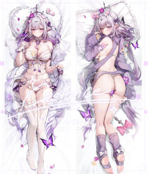 1girl absurdres adapted_costume akizero1510 armpit_crease ass back bare_shoulders bed black_tiara blush bow bra breasts bug butterfly castorice_(honkai:_star_rail) character_name closed_mouth convenient_censoring dakimakura_(medium) detached_sleeves flower from_above from_behind garter_straps gloves gluteal_fold groin hair_bow hair_flower hair_ornament half_gloves hand_up head_on_pillow heart heart-shaped_pillow highres honkai:_star_rail honkai_(series) insect large_breasts long_hair long_sleeves looking_at_viewer looking_back lying median_furrow meme_attire multiple_views navel no_shoes on_back on_bed on_stomach paid_reward_available panties parted_lips pillow pink_flower pointy_ears purple_bow purple_butterfly purple_eyes purple_gloves purple_hair purple_petals purple_socks purple_sweater showgirl_skirt side-tie_panties sidelocks skirt smile socks stirrup_legwear stomach sweater thighhighs thighs tiara toeless_legwear underwear very_long_hair virgin_killer_sweater white_bra white_garter_straps white_panties white_skirt white_thighhighs