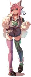 Rule 34 | 1girl, absurdres, blue skirt, blush, bow, bowtie, breasts, collared shirt, drill hair, eyeshadow, flipped hair, fur jacket, green bow, green bowtie, hair bow, hairband, highres, jacket, klara (pokemon), makeup, miniskirt, mole, mole under mouth, momdy (talesshinja), nintendo, open clothes, open jacket, open mouth, pink eyeshadow, pink hair, pink lips, pleated skirt, pokemon, pokemon swsh, purple eyes, school uniform, shirt, short hair, skindentation, skirt, smile, solo, sweater vest, teeth, thighhighs, twin drills, two-tone thighhighs, white bow, white hairband, white shirt