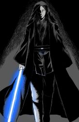 1boy anakin_skywalker black_cloak black_robe blue_lightsaber cloak darth_vader energy_sword highres holding holding_sword holding_weapon hood lightsaber partially_shaded_face robe shirasup sith solo star_wars sword walking weapon yellow_eyes
