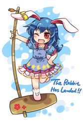 1girl animal_ears blue_background blue_dress blue_hair bobby_socks charm_(object) chibi dress earclip english_text female_focus full_body hand_on_own_hip kine long_hair mallet one_eye_closed open_mouth pote_(ptkan) rabbit_ears red_eyes seiran_(touhou) smile socks solo standing standing_on_one_leg touhou