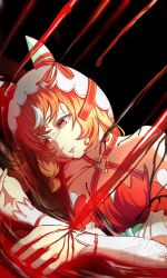Rule 34 | 1girl, 3year etarou, absurdres, animal ears, black background, blood, blood on hands, bow, breasts, cleavage, crying, crying with eyes open, dress, ear ribbon, expressionless, highres, multicolored hair, off-shoulder dress, off shoulder, parted lips, pool of blood, red dress, red eyes, red hair, red ribbon, ribbon, simple background, solo, still in love (umamusume), streaked hair, streaming tears, tears, umamusume, vambraces, veil, watermark, white hair, white veil