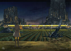 1girl aircraft artist_name bag black_hair building city city_lights cityscape dated from_behind highres jacket k_kanehira kneehighs night night_sky original outdoors scenery school_uniform science_fiction short_hair signature skirt sky skyline skyscraper socks solo spring_onion standing tsuchinoko