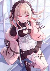 1girl aiu40 ankle_lace-up ankle_ribbon ankle_strap apron belt black_dress black_headdress black_ribbon black_shoes blunt_bangs blush breasts chain chest_harness cleavage_cutout clothing_cutout collared_dress colored_inner_hair corset cross-laced_clothes cross-laced_corset dress drill_hair fangs finger_to_cheek floating_hair foot_out_of_frame frilled_shirt_collar frills grey_hair hair_intakes harness heart heart_cutout heart_o-ring highres jacket leg_ribbon leg_tattoo long_hair loose_belt maid maid_headdress makaino_ririmu makaino_ririmu_(5th_costume) multicolored_hair multiple_belts nijisanji o-ring o-ring_belt o-ring_thigh_strap open_clothes open_jacket open_mouth pink_hair pink_jacket pointy_ears puffy_short_sleeves puffy_sleeves railing red_eyes ribbon shoes short_dress short_sleeves sidelocks single_off_shoulder sitting sleeves_past_fingers sleeves_past_wrists small_breasts smile solo streaked_hair tattoo thigh_strap two_side_up virtual_youtuber waist_apron white_apron white_belt white_corset winged_heart winged_heart_tattoo