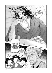 Rule 34 | 2boys, 3girls, absurdres, black hair, blush, covering own mouth, geisha, heart, highres, multicolored hair, multiple boys, multiple girls, muscular, nose blush, pectorals, scar, sleeping, tagme, tenkaichi nihon saikyou bugeisha ketteisen, togo shigekata, two-tone hair, white hair