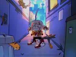 :&lt; =_= ahoge alley blonde_hair blush_stickers brick_wall chibi chibi_only cloud commentary door door_handle english_commentary gigi_murin gigi_murin_(1st_costume) grem_(gigi_murin) highres hololive hololive_english huge_ahoge jacket multicolored_hair orange_jacket outdoors overgrown poster_(object) shoes short_twintails skyline sneakers tail trash_can tree twintails urban window yambot