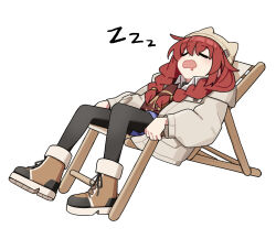1girl adon_(dufaladanidu) black_pantyhose blue_archive boots braid brown_boots brown_hat brown_jacket closed_eyes drooling full_body hat highres jacket long_hair long_sleeves maki_(blue_archive) maki_(camp)_(blue_archive) mouth_drool official_alternate_costume official_alternate_hairstyle open_clothes open_jacket open_mouth pantyhose red_hair sitting sleeping solo twin_braids zzz