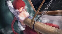 1girl arms_up bdsm bell blush bow bow_bra bra breasts cleavage constricted_pupils cowboy_shot crying hair_between_eyes joya_no_kane lace lace-trimmed_bra lace_trim large_breasts long_braid long_hair long_sleeves okazaki_yumemi open_clothes open_shirt pink_bra punching red_eyes red_hair red_skirt restrained ryona ryona_no_kane shirt skirt solo standing stomach_punch teruteru12 touhou touhou_(pc-98) unbuttoned underwear very_long_hair white_shirt