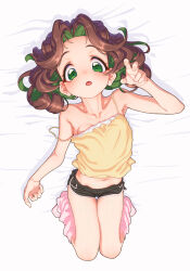 1girl absurdres aya_shachou bare_shoulders breasts brown_hair camisole dolphin_shorts full_body green_eyes green_hair highres looking_down loose_socks lying morino_megumi_(aya_shachou) multicolored_hair navel on_back open_mouth original short_shorts shorts small_breasts socks solo strap_slip two-tone_hair v variant_set