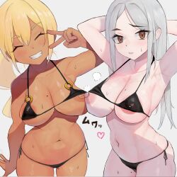 2girls ^_^ areola_slip armpits arms_behind_head bikini black_bikini blonde_hair blush breasts brown_hair closed_eyes commentary_request dark-skinned_female dark_skin gatchan grey_hair grin highres large_breasts long_hair micro_bikini mole mole_on_breast multiple_girls navel nipple_slip nipples original paid_reward_available parted_bangs ponytail smile sweat swimsuit v