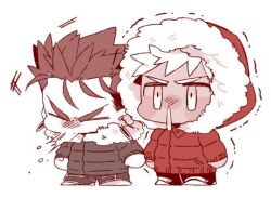 2boys archer_(fate) chibi chibi_only closed_eyes coat cu_chulainn_(fate) fate/stay_night fate_(series) hood hood_up lowres male_focus mittens multiple_boys parka simple_background sneezing snot tatsuta_age trembling white_background winter_clothes