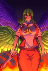 Rule 34 | 1girl, ascot, blood, blood on face, feathered wings, feet out of frame, fire, green hair, highres, holding, holding umbrella, kazami yuuka, kazami yuuka (pc-98), kazami yuuka (seihou), kirbyearthbound, long hair, looking at viewer, multiple wings, pants, pink umbrella, red eyes, red pants, seihou, shirt, short sleeves, standing, touhou, touhou (pc-98), umbrella, white shirt, wings, yellow ascot