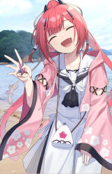 Rule 34 | 1girl, absurdres, blunt bangs, cherry blossom print, closed eyes, floral print, highres, hooded kimono, japanese clothes, kamiyama shiki, key (company), kimono, long hair, open mouth, outdoors, pink kimono, ponytail, red hair, sailor collar, smile, solo, summer pockets, white sailor collar, xiu kukkii