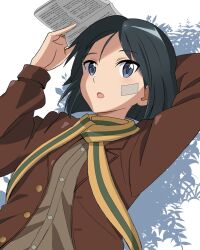 Rule 34 | 1girl, bandaid, bandaid on face, black eyes, black hair, book, brave witches, brown jacket, highres, holding, holding book, jacket, kaneko (novram58), kanno naoe, looking at viewer, lying, military, military uniform, open mouth, scarf, short hair, solo, striped clothes, striped scarf, upper body, world witches series
