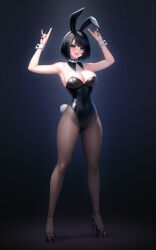 1girl \m/ absurdres animal_ears anna_o_renko arms_up artist_name bare_shoulders black_footwear black_hair black_hairband black_leotard black_nails black_pantyhose blue_eyes breasts bright_pupils cleavage detached_collar discord_logo fake_animal_ears full_body hair_ornament hairband high_heels highres leotard looking_at_viewer medium_breasts nail_polish original pantyhose parted_lips playboy_bunny rabbit_ears rabbit_tail short_hair solo standing strapless strapless_leotard tail twitter_x_logo