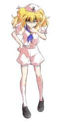 Rule 34 | 1girl, :o, anchor print, anchor symbol, black shoes, blonde hair, blue neckerchief, blue sailor collar, commentary request, cropped shirt, dairi, double-parted bangs, full body, hair between eyes, hair over shoulder, hair ribbon, half-closed eyes, hand on own chin, hand on own hip, hand up, hat, highres, kitashirakawa chiyuri, large variant set, long bangs, long hair, midriff peek, navel, neckerchief, parted lips, phantasmagoria of dim.dream, pink hat, pink ribbon, pink serafuku, pink shirt, pink shorts, pink socks, ribbon, sailor collar, sailor hat, school uniform, serafuku, shaded face, shirt, shoes, shorts, simple background, socks, solo, standing, straight-on, tachi-e, touhou, touhou (pc-98), transparent background, two side up, v-shaped eyebrows, variant set, yellow eyes