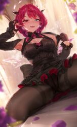 1girl :d armpits bed_sheet black_bow black_pantyhose black_shirt black_skirt blue_eyes blurry blurry_foreground bob_cut bow breasts cameltoe chest_bow cleavage_cutout clothes_grab clothing_cutout commentary commentary_request crystal_wings curtains depth_of_field detached_sleeves double_halo earrings english_commentary fangs flower flower_earrings halo heterochromia highres hololive hololive_english indoors irys_(hololive) jewelry large_breasts looking_at_viewer medium_hair miniskirt mismatched_earrings mixed-language_commentary open_mouth padoruu paid_reward_available pantyhose pink_eyes pointy_ears purple_flower red_hair shirt short_hair sitting skirt smile solo spread_legs star-shaped_pupils star_(symbol) star_halo steaming_body sweat symbol-shaped_pupils teeth upper_teeth_only virtual_youtuber