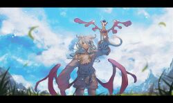 absurdres animal apron betabeet blue_hair cat cross_hair_ornament elira_pendora elira_pendora_(1st_costume) extra_eyes feathered_wings gloves green_eyes hair_ornament hair_over_one_eye highres holding holding_animal holding_cat large_hands long_hair nijisanji nijisanji_en pikl_(elira_pendora) shirt shorts sidelocks single_bare_shoulder sleeves_past_wrists virtual_youtuber white_apron white_gloves white_shirt white_shorts winged_cat wings