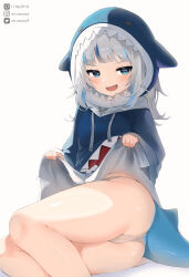 1girl :d absurdres animal_costume animal_hood blue_eyes blue_hair blue_hoodie blunt_bangs commentary_request fins fish_tail gawr_gura gawr_gura_(1st_costume) grey_hair highres hololive hololive_english hood hood_up hoodie long_hair long_sleeves looking_at_viewer mr.canaryy multicolored_hair no_pants open_mouth panties shark_costume shark_girl shark_hood shark_tail sharp_teeth simple_background sitting smile solo streaked_hair tail teeth underwear upper_teeth_only virtual_youtuber white_background white_panties wide_sleeves