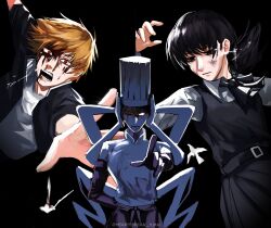 1boy 2girls absurdres arm_behind_back bird black_eyes black_hair blonde_hair blood blood_from_mouth blood_on_face bloody_tears bruise bruise_on_face chainsaw_man chef chef_hat commentary crying crying_with_eyes_open denji_(chainsaw_man) dove english_commentary extra_arms falling_devil_(chainsaw_man) flat_top_chef_hat fourth_east_high_school_uniform gakuran hat heartbreak_juan highres injury jacket mitaka_asa multiple_girls one_eye_closed open_clothes open_jacket pointing reaching red_eyes school_uniform sharp_teeth tears teeth twitter_username
