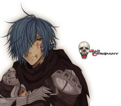 1boy armor assassin_cross_(ragnarok_online) black_scarf black_shirt blood blue_hair bruise bruise_on_face closed_mouth commentary cuts english_commentary expressionless hair_between_eyes hair_over_one_eye injury long_bangs looking_at_viewer male_focus pauldrons ragnarok_online rinslette scarf shirt short_hair shoulder_armor simple_background skull solo torn_clothes torn_scarf upper_body white_background