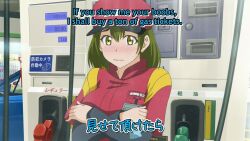 1girl against_glass animated anime_screenshot back blush bouncing_breasts breast_press breasts breasts_on_glass breasts_out car character_request clothes_lift covering_breasts covering_privates dogeza_de_tanondemita embarrassed gas_station green_eyes green_hair hat highres large_breasts long_sleeves motor_vehicle nervous nipples outdoors pov sexual_harassment shirt_lift short_hair sound subtitled video yuseki_natsumi
