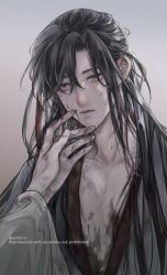 2boys absurdres bishounen black_hair black_hanfu blood blood_on_chest blood_on_clothes blood_on_face blood_on_hands chinese_clothes collarbone gradient_background grey_eyes hair_between_eyes hair_down hair_ribbon half_updo hand_on_another&#039;s_face hanfu highres implied_yaoi injury lan_wangji long_hair long_sleeves looking_at_viewer male_focus modao_zushi multiple_boys official_alternate_hairstyle parted_lips pectoral_cleavage pectorals pov pov_hands red_ribbon ribbon robe simple_background solo_focus tears twitter_username upper_body w2biiro watermark wei_wuxian wei_wuxian_(yiling_laozu) white_hanfu