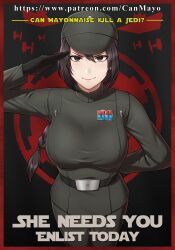 Rule 34 | 1girl, belt, black eyes, black gloves, black hair, braid, braided ponytail, breasts, english text, galactic empire (star wars), gloves, grey tunic, hat, highres, imperial officer, insignia, large breasts, long hair, military uniform, poster (medium), poster (object), pov, propaganda, salute, star destroyer, star wars, tie fighter, tunic, zxpfer