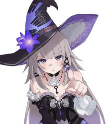 Rule 34 | 1girl, ascot, bare shoulders, black choker, black hat, breasts, choker, cleavage, commentary, detached sleeves, dress, flower, foreshortening, grey hair, hat, hat flower, herta (honkai: star rail), highres, hoduttang, honkai: star rail, honkai (series), long hair, long sleeves, looking at viewer, parted lips, pointing, purple eyes, purple flower, simple background, solo, strapless, strapless dress, the herta (honkai: star rail), upper body, very long hair, white ascot, white background, witch hat