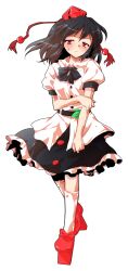1girl black_bow black_bowtie black_hair black_skirt bow bowtie dairi defeat frilled_skirt frills full_body geta hat miniskirt puffy_short_sleeves puffy_sleeves red_hat red_shoes shameimaru_aya shirt shoes short_sleeves simple_background skirt socks solo tachi-e tengu-geta tokin_hat torn_clothes torn_socks touhou transparent_background white_shirt white_socks