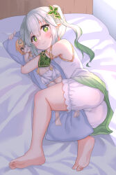 1girl artist_request ass bare_shoulders barefoot bed blonde_hair bloomers blush cameltoe cameo dakimakura_(medium) dress genshin_impact gradient_hair green_eyes green_hair hair_ornament highres hugging_object long_hair looking_at_viewer lumine_(genshin_impact) lying multicolored_hair nahida_(genshin_impact) pillow pillow_hug pointy_ears shiny_skin side_ponytail smile underwear white_hair yuetsu