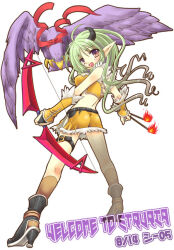 Rule 34 | 1girl, 2000s (style), alto seneka, ass, bad id, bird, black boots, black horns, blush, boots, bow (weapon), breasts, brown socks, fingerless gloves, full body, fur-trimmed gloves, fur-trimmed shirt, fur-trimmed shorts, fur trim, gloves, green hair, hawk, high heel boots, high heels, holding, holding bow (weapon), holding weapon, horns, long hair, looking at viewer, looking back, medium breasts, open mouth, pointy ears, purple eyes, ragnarok online, rusty soul, shirt, shorts, simple background, sleeveless, sleeveless shirt, smile, sniper (ragnarok online), socks, solo, standing, weapon, white background, yellow gloves, yellow shirt, yellow shorts